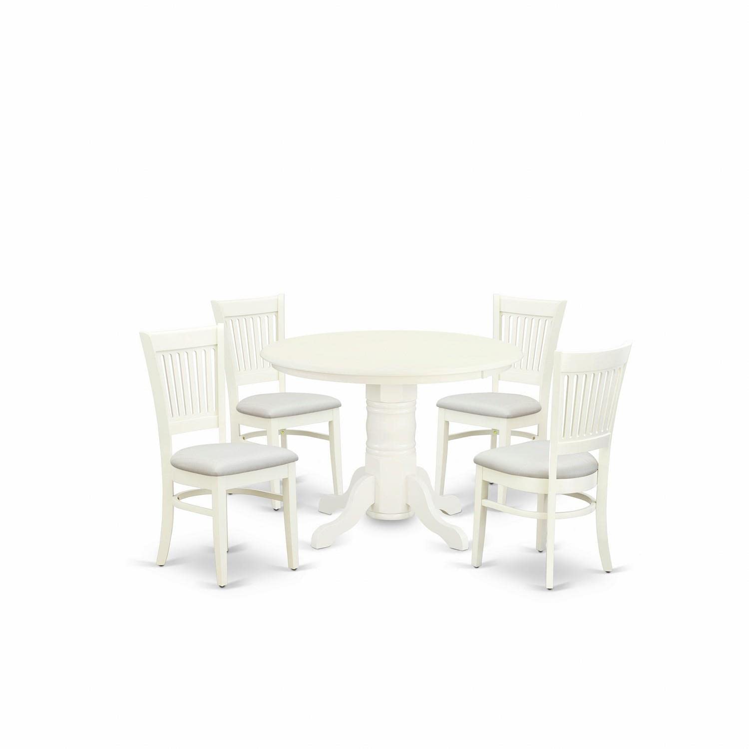 East West Furniture Shva5-Lwh-C 5 Piece Kitchen Table Set For 4 Includes A Round Dining Room Table With Pedestal And 4 Linen Fabric Upholstered Dining Chairs, 42X42 Inch, Linen White